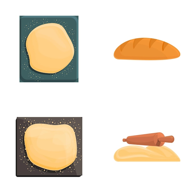 Iconos de cocción de pan establecidos en el vector de dibujos animados Proceso de amasado y despliegue de la masa