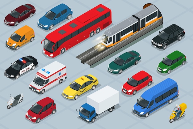 Iconos de coche. Plano 3d isométrico de alta calidad conjunto de iconos de coche de transporte urbano. Coche, furgoneta, camión de carga, todoterreno, autobús, scooter, moto, ciclistas. Conjunto de transporte. Conjunto de transporte público urbano y de mercancías.