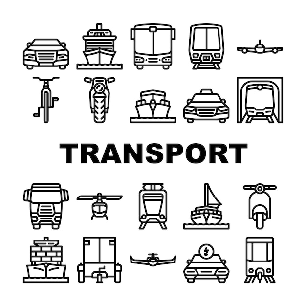 Vector iconos de coche de transporte conjunto vector tren vehículo autobús avión barco bicicleta viaje camión avión público bicicleta tráfico transporte transporte coche negro contorno ilustraciones