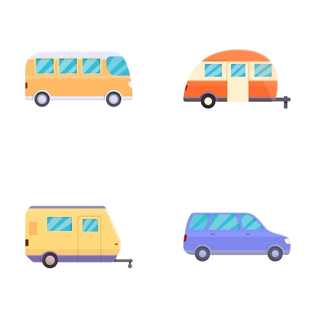 Los iconos de los coches de acampada establecen el vector de dibujos animados Van y camioneta con remolque