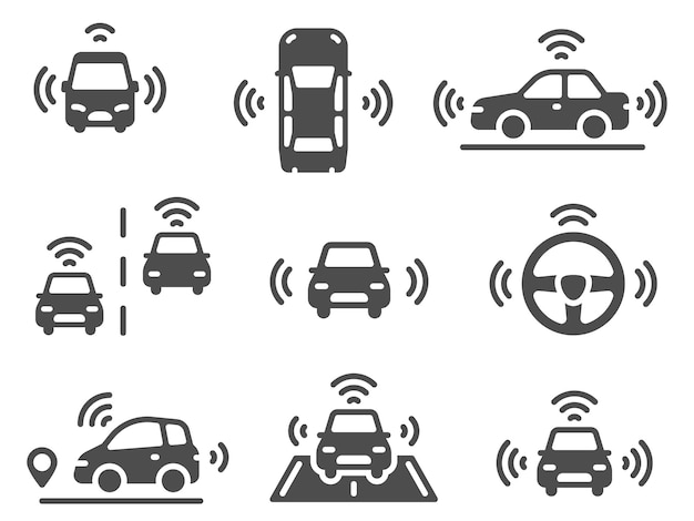 Iconos de coches sin conductor. coche robótico autónomo, vehículos de conducción inteligente, líneas móviles de navegación por carretera, conjunto de vectores de auto eléctrico de tecnología ecológica. iconos de distancia inteligente de sensor autónomo