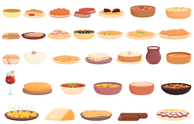 Iconos de la cocina española establecer vector de dibujos animados. plato de comida