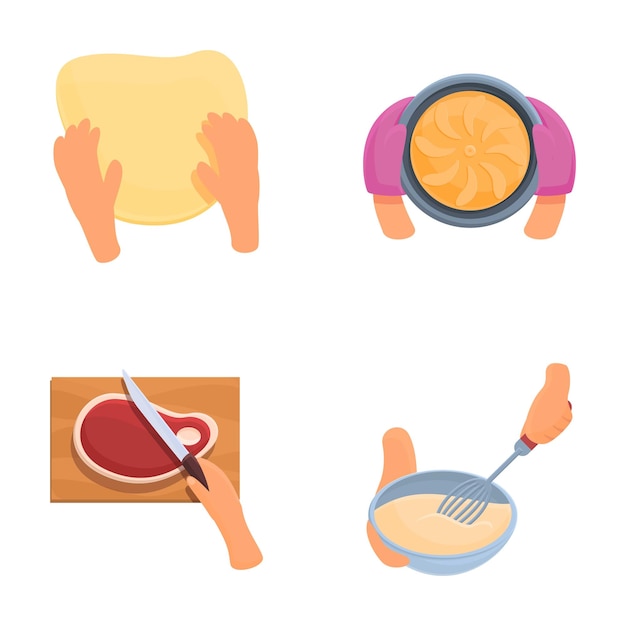 Los iconos de cocina establecen el vector de dibujos animados La mano preparando la comida