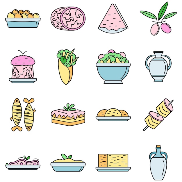 Vector los iconos de la cocina griega establecen el color vectorial