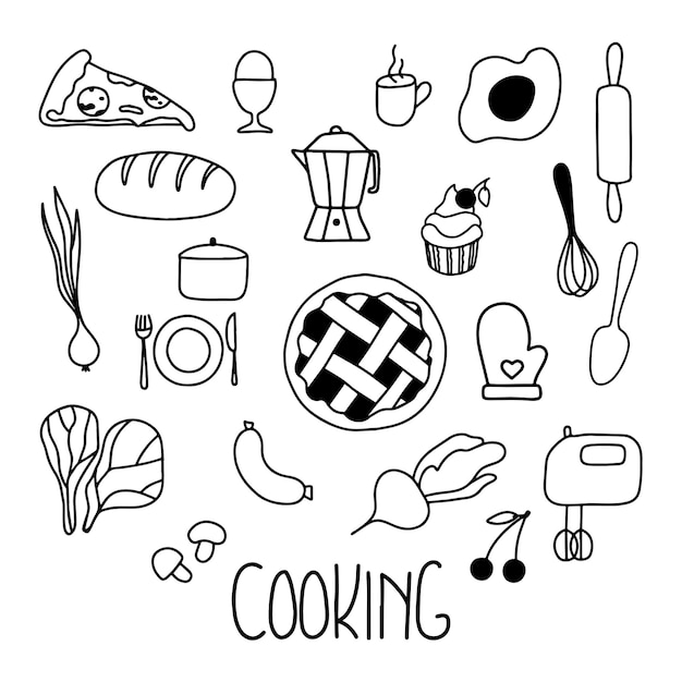 Iconos de cocina con letras Dibujar a mano ilustración de línea vectorial