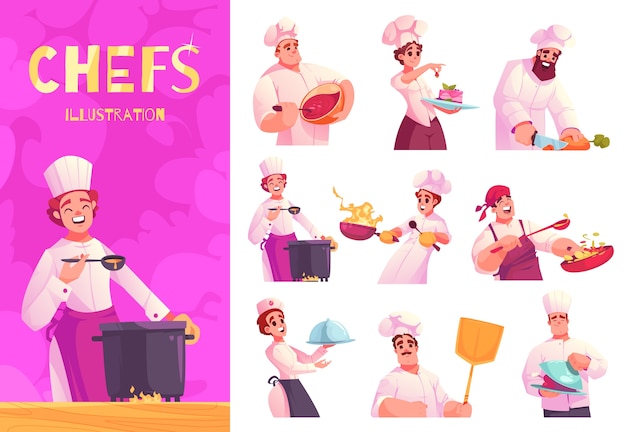 Iconos de cocineros con ilustración en diseño plano