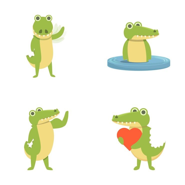 Vector los iconos de cocodrilo divertidos se establecen en el vector de dibujos animados cocodrilo verde lindo