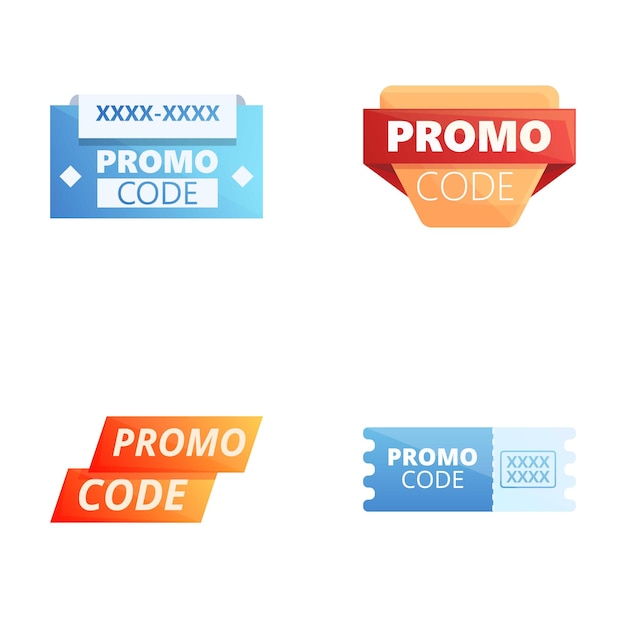 Iconos de código promocional conjunto de vectores de dibujos animados plantilla de cupón colorida para grandes ventas
