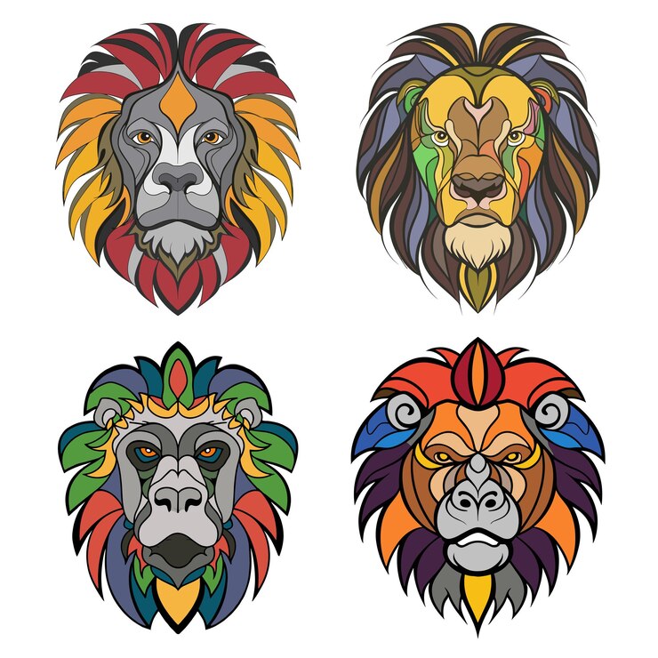 Iconos de la colección de cabezas de animales de dibujos animados del león africano Ilustración vectorial