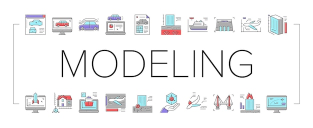 Los iconos de la colección de ingeniería de modelado establecen signo vectorial