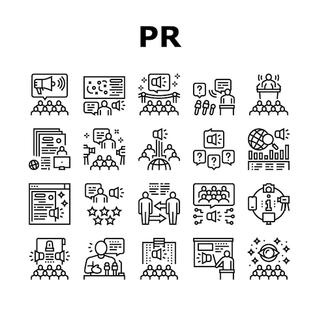 Iconos de la colección de relaciones públicas Pr Set Vector