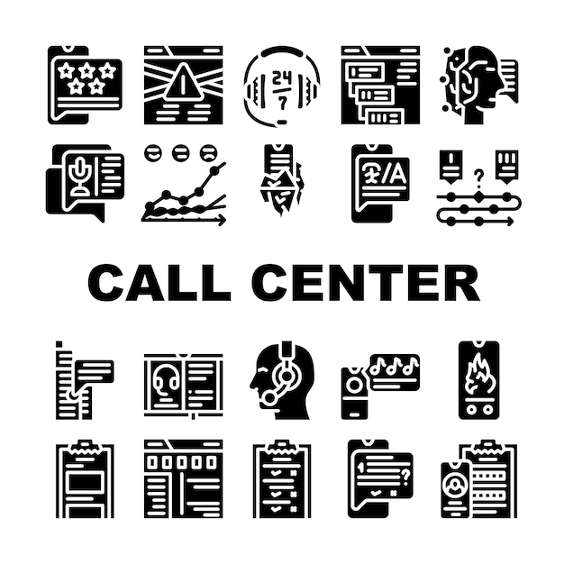 Los iconos de la colección de servicios del centro de llamadas establecen el operador del centro de llamadas vectorial y la comunicación de chat con el cliente y el soporte para resolver problemas y ayudar a pictogramas de glifos ilustraciones negras