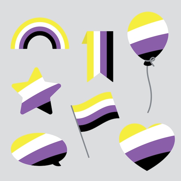 Iconos de color amarillo, blanco, morado y negro como colores del concepto LGBTQI de la bandera no binaria