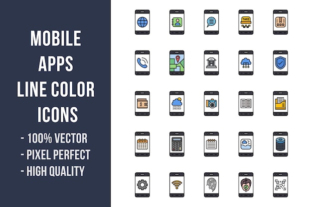 Iconos de color de línea de aplicaciones móviles