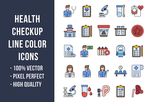 Iconos de color de línea de chequeo de salud