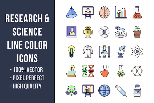 Iconos de color de la línea de investigación y ciencia