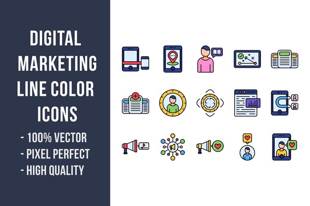 Iconos de color de línea de marketing digital