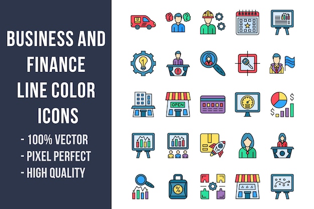 Iconos de color de la línea de negocios y finanzas