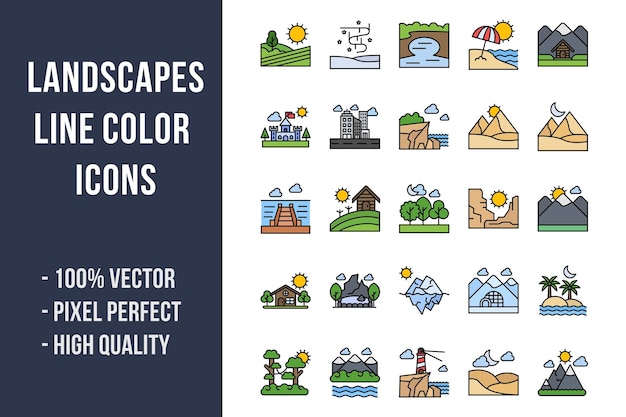 Iconos de color de línea de paisajes