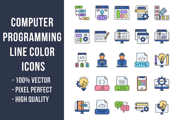Iconos de color de línea de programación informática