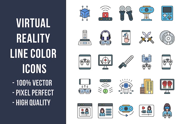Iconos de color de línea de realidad virtual