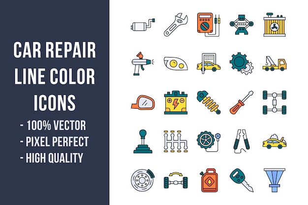 Iconos de color de línea de reparación de automóviles