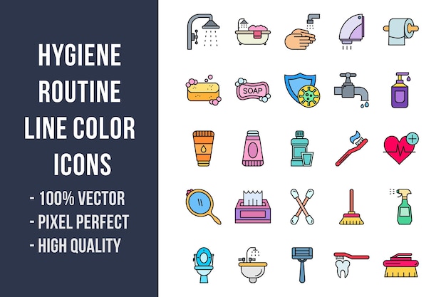 Iconos de color de línea de rutina de higiene