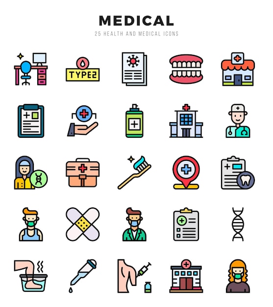 Iconos de color lineal médico Ilustración vectorial del paquete