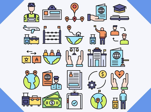 Iconos de color de líneas de diseño de vectores de inmigración