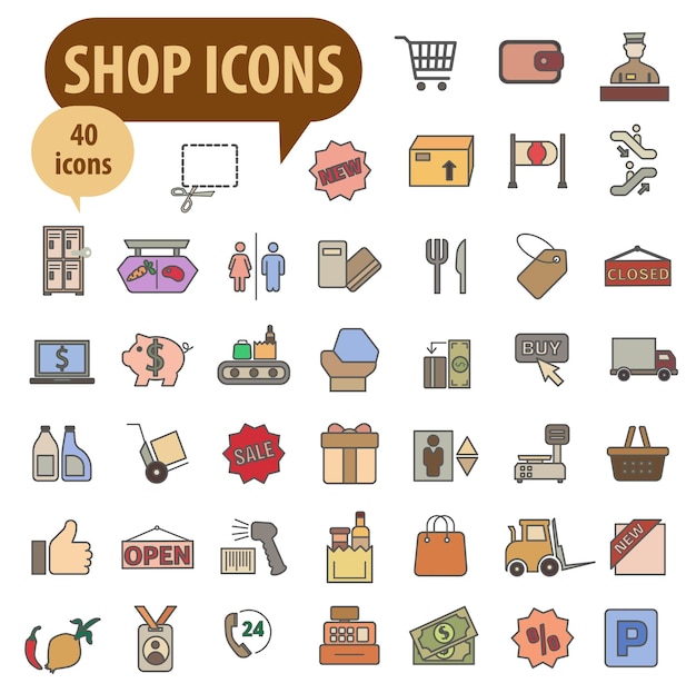 Iconos de color de mercado con trazos oscuros Símbolos de supermercado Iconos de tiendas y supermercados