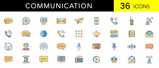 Iconos de color plano de comunicación Conjunto de íconos vectoriales mínimos de dispositivos de mensajería e interacción digital