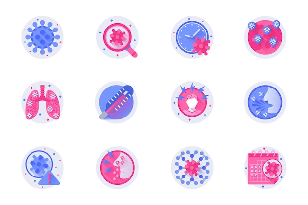 Iconos de color plano web de concepto de coronavirus con conjunto de sombras Pack de pictogramas de enfermedad viral