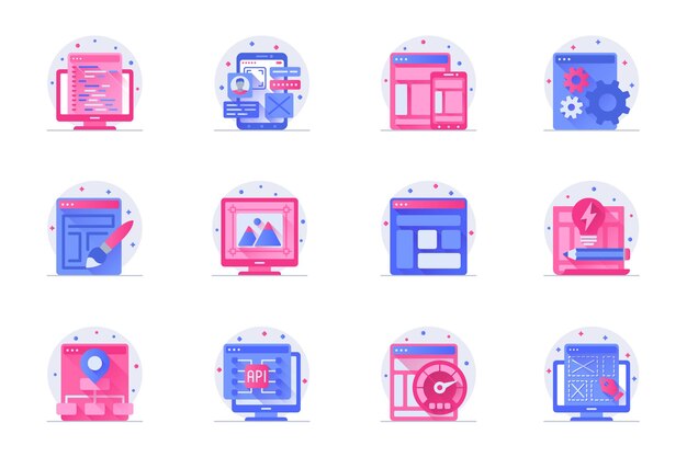 Iconos de color plano web de concepto de diseño y desarrollo con conjunto de sombras Pack de pictogramas de página