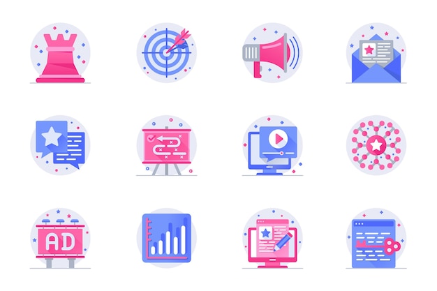 Iconos de color plano web de concepto de marketing con conjunto de sombras Pictogramas de paquete de objetivo de estrategia