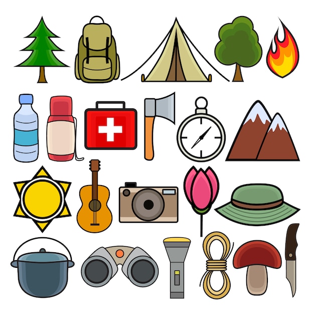 Iconos de colores para acampar y caminar