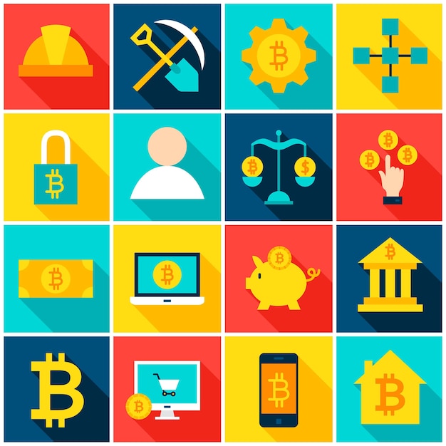 Iconos de colores de Bitcoin Cryptocurrency. Ilustración de vector. Conjunto de elementos financieros de rectángulo plano con sombra.