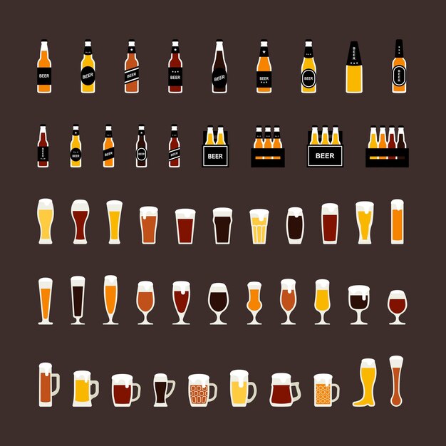 Iconos de colores de botellas y vasos de cerveza en estilo plano. Ilustración vectorial