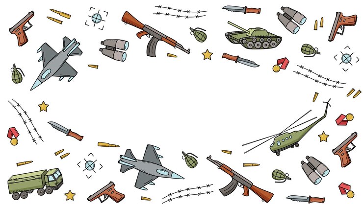 Iconos de colores de garabatos militares Ilustración vectorial de un conjunto de artículos del ejército de equipos militares