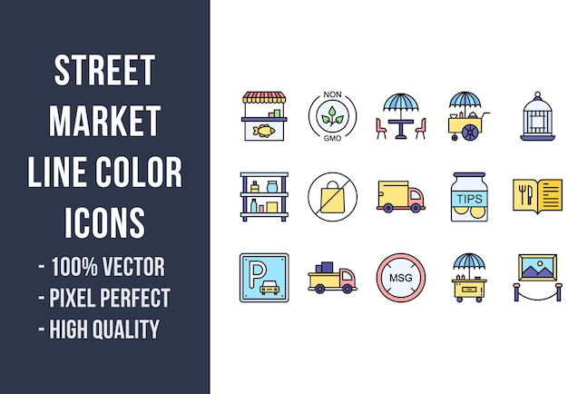 Iconos de colores de la línea del mercado callejero