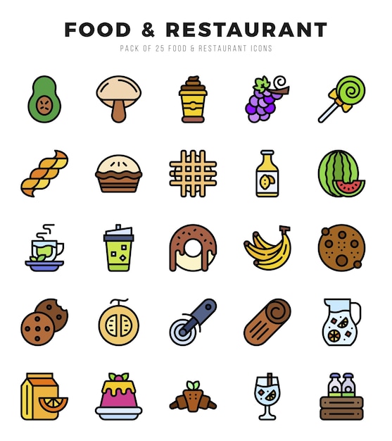 Vector iconos de colores lineales de alimentos y restaurantes ilustración de colores lineal vectorial