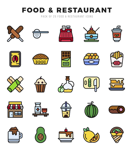 Iconos de colores lineales de alimentos y restaurantes Ilustración vectorial del paquete