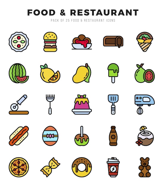 Iconos de colores lineales de alimentos y restaurantes Ilustración vectorial del paquete