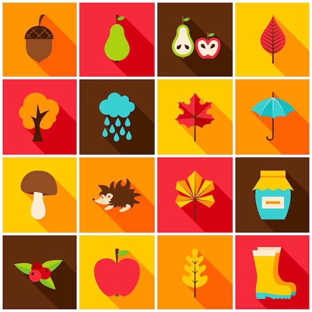 Iconos de colores de otoño. ilustración de vector. conjunto de artículos de temporada de otoño.