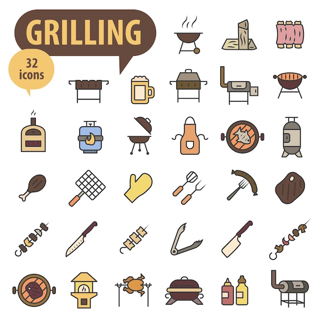 Iconos de colores de parrilla con trazos Iconos vectoriales de parrillas Parrilla de barbacoa Todo para la parrilla