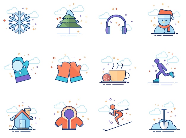 Iconos de colores planos Invierno