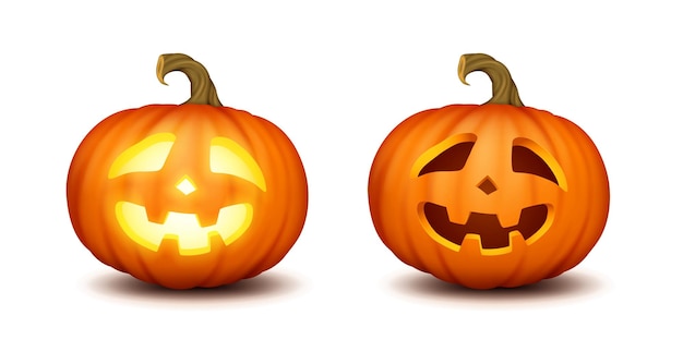 Iconos de colores realistas con calabazas talladas iluminadas y oscuras