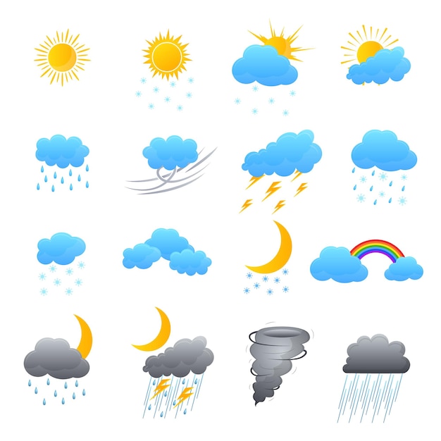 Vector los iconos de colores del tiempo de dibujos animados establecen el concepto de pronóstico de meteorología para el estilo plano de diseño web