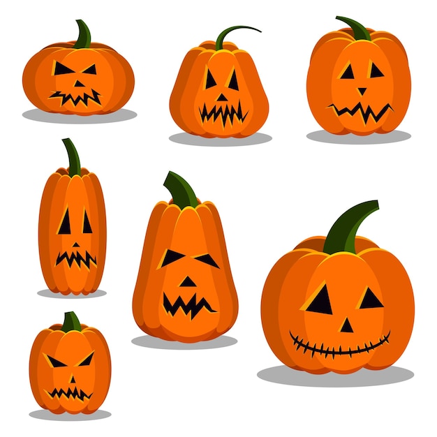 Los iconos coloridos de la calabaza del estilo plano de la historieta fijaron el kit de la muestra de halloween.