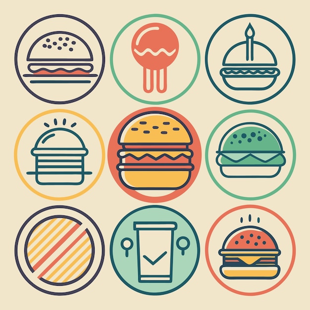 Iconos coloridos de comida rápida con hamburguesas, bebidas y postres