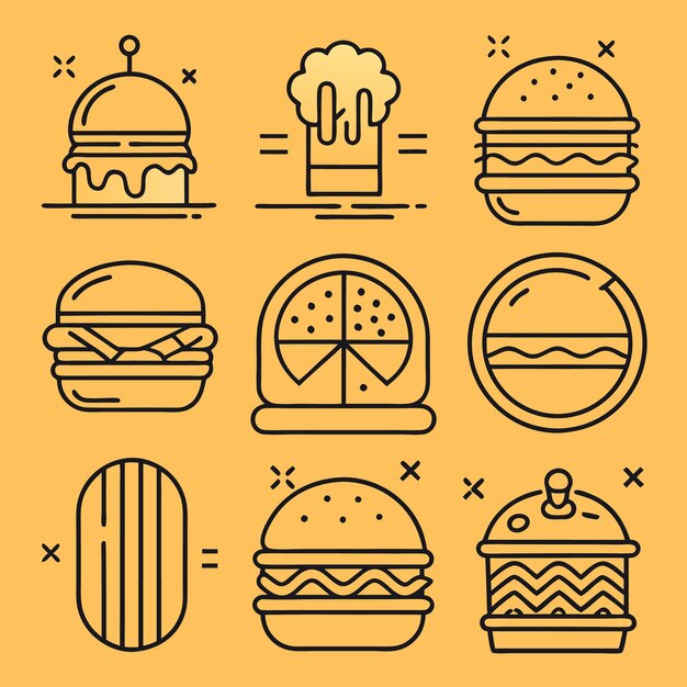 Iconos coloridos de comida rápida con hamburguesas, bebidas y postres